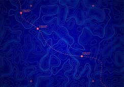 Vector Sea Depth Topographic Map With Route And Coordinates Conceptual User Interface Blue Abstract Background.